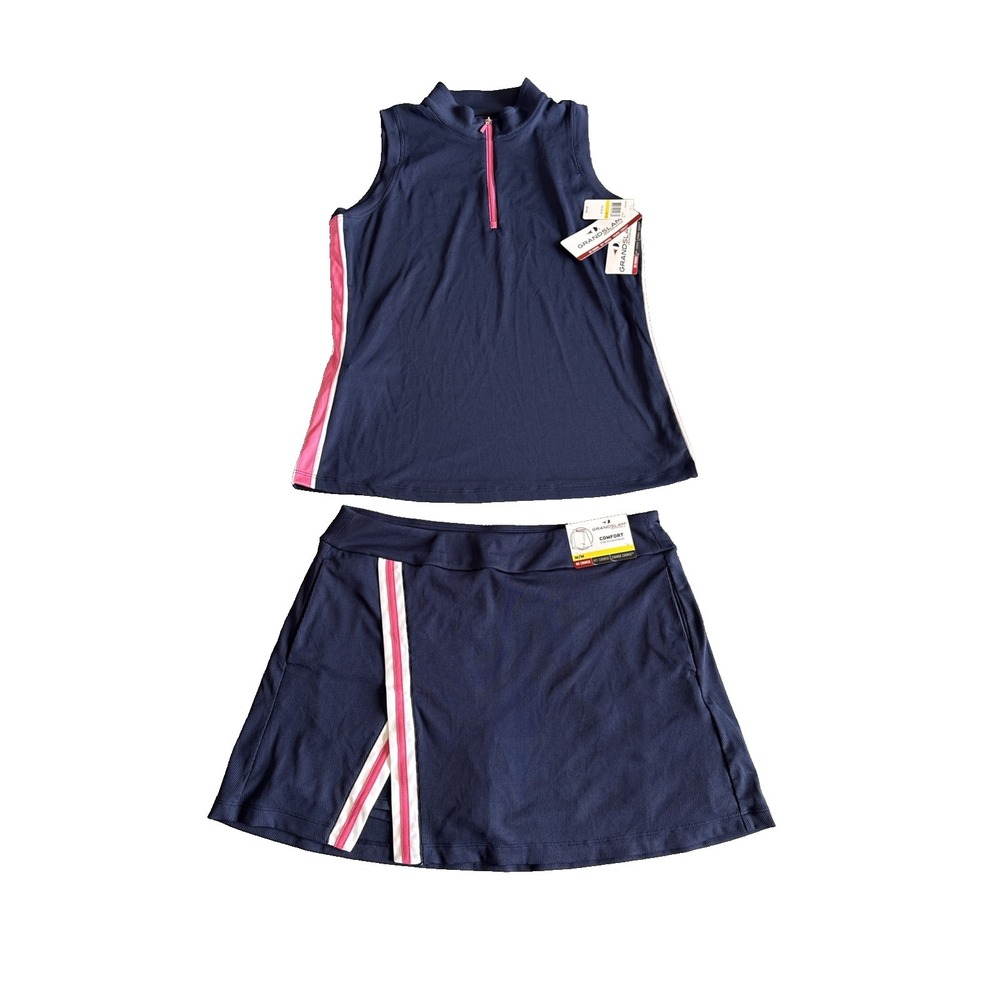 Grand Slam Performance Women Tennis Pickleball 2 pc Set Skort Tank Navy NWT Med
